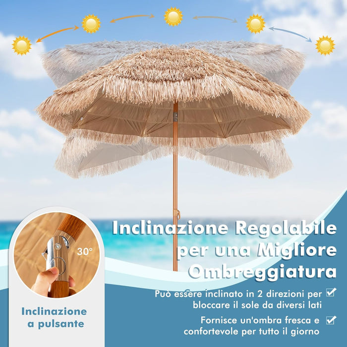 Ombrellone di Paglia in PP 208 cm, Ombrellone da Spiaggia Pieghevole, Parasole Hawaiano con Inclinabile in Metallo, Resistente all'Acqua e al Sole, per Spiaggia Giardino Balcone