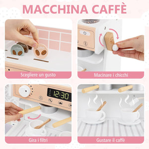 Cucina Giocattolo con Macchina da Caffè e del Ghiaccio, Cucina per Bambini in Legno con Lavatrice, Microonde, Fornelli e Lavandino, Set Cucina con 27 Accessori, 106 x 30 x 105 cm (Bianco)