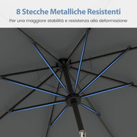 Ombrellone da Esterno 288 cm, con 96 Luci LED, Ombrellone Giardino con Inclinazione Regolabile, Manovella, 8 Stecche e Top Ventilato, Parasole da Mercato per Giardino Spiaggia (Grigio)