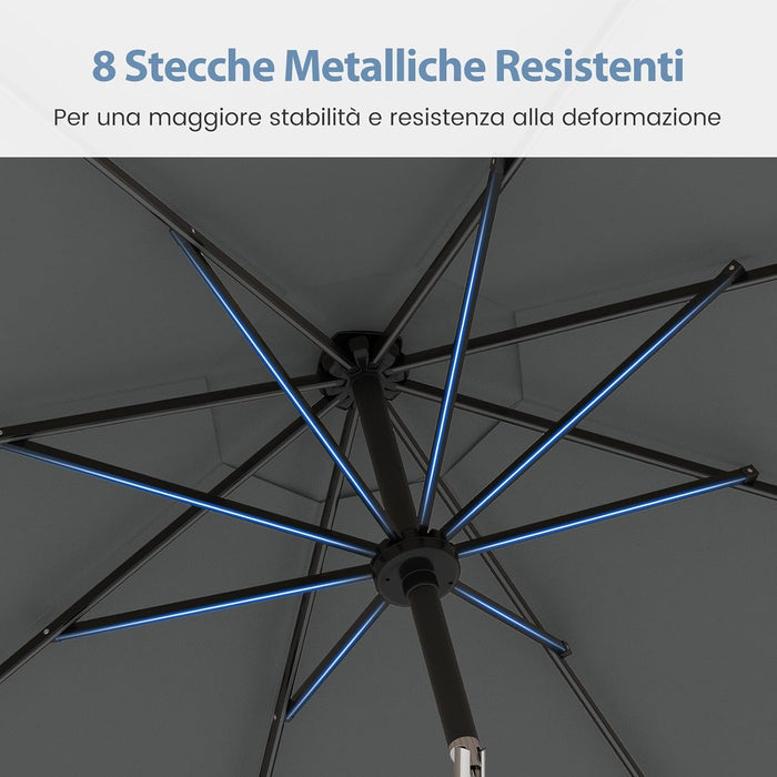 Ombrellone da Esterno 288 cm, con 96 Luci LED, Ombrellone Giardino con Inclinazione Regolabile, Manovella, 8 Stecche e Top Ventilato, Parasole da Mercato per Giardino Spiaggia (Grigio)