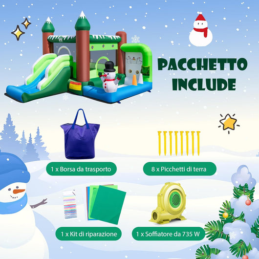Castello Gonfiabile con Pupazzo di Neve, Gioco Gonfiabile per Bambini con Scivolo, Piscina di Palline, Basket, Gonfiabile con Pupazzo di Neve e Ventilatore da 735W, 380 x 340 x 245 cm