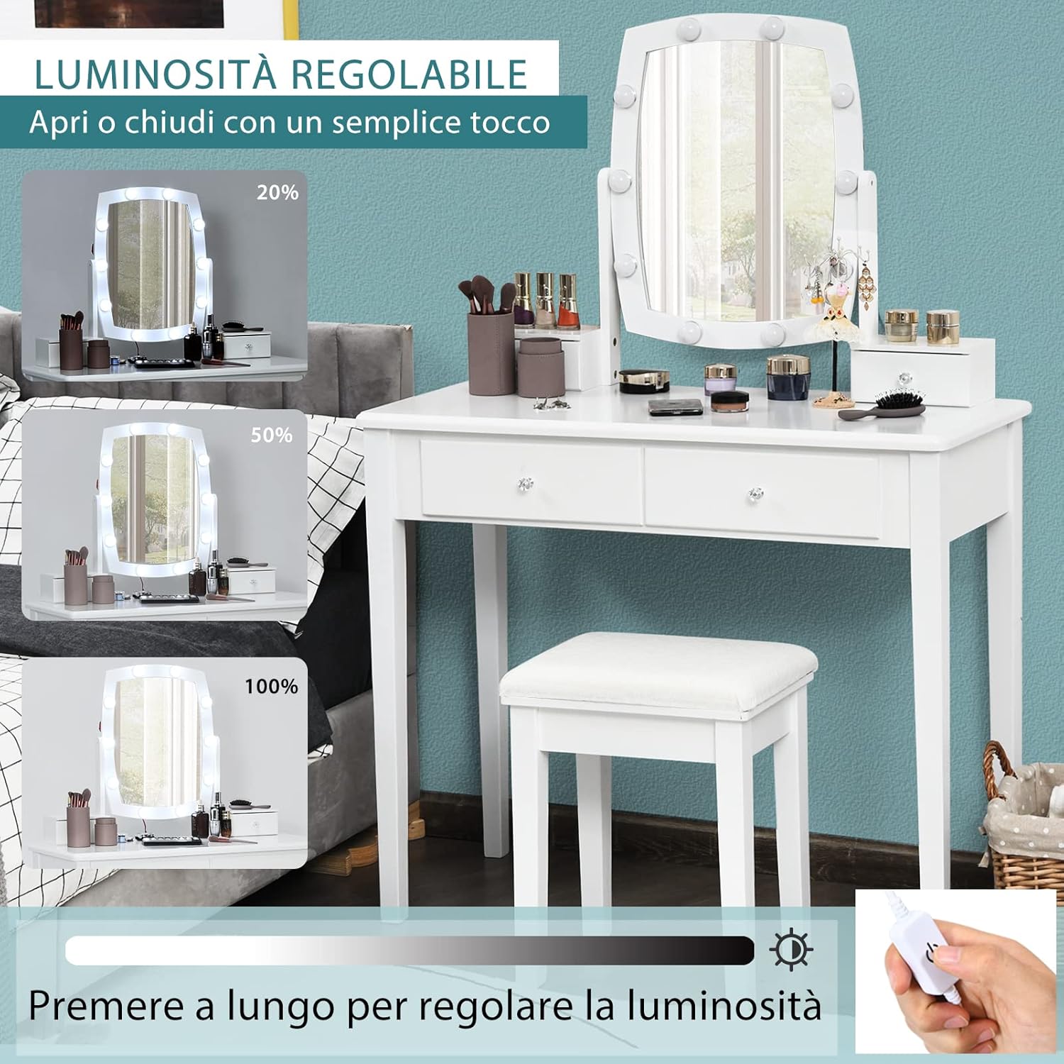 Set Toeletta da Trucco, Tavolo da Trucco e Sgabello con 4 Cassetti, con Specchio Illuminato Girevole a 360°, 10 Luci LED Dimmerabili, Set Tavolo Toeletta per Camerino Camera da Letto