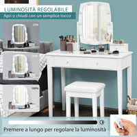 Set Toeletta da Trucco, Tavolo da Trucco e Sgabello con 4 Cassetti, con Specchio Illuminato Girevole a 360°, 10 Luci LED Dimmerabili, Set Tavolo Toeletta per Camerino Camera da Letto