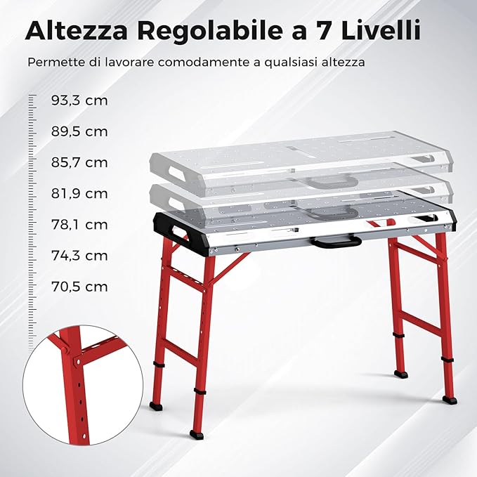 Tavolo da Lavoro Pieghevole, Banco da Lavoro Portatile con Altezza Regolabile a 7 Livelli e 2 Staffe da Saldatura, Capacità di Carico 450 KG (Modello 2)