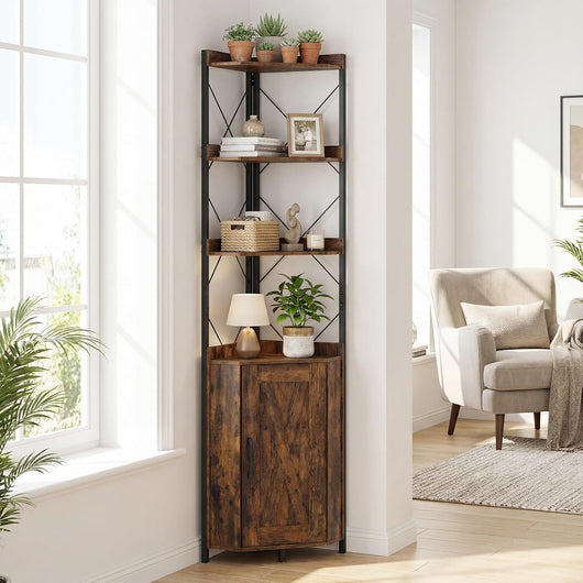 Scaffale Angolare a 6 Livelli con Armadietto, Ripiano ad Angolo Alto da 180 cm con Ripiano Regolabile in 5 Posizioni e Porta, Marrone, 48x32x180cm