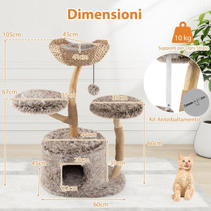 Albero per Gatti in Legno di Pero 105cm, Torre per Gatti con Tiragraffi in Sisal, Piattaforme e Pallina Pendente, Cuccia per Animali Domestici