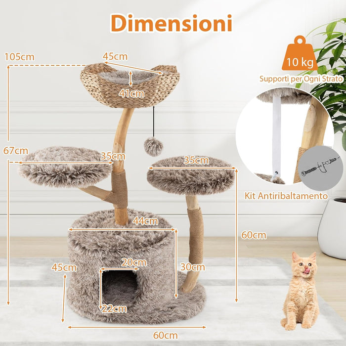 Albero per Gatti in Legno di Pero 105cm, Torre per Gatti con Tiragraffi in Sisal, Piattaforme e Pallina Pendente, Cuccia per Animali Domestici