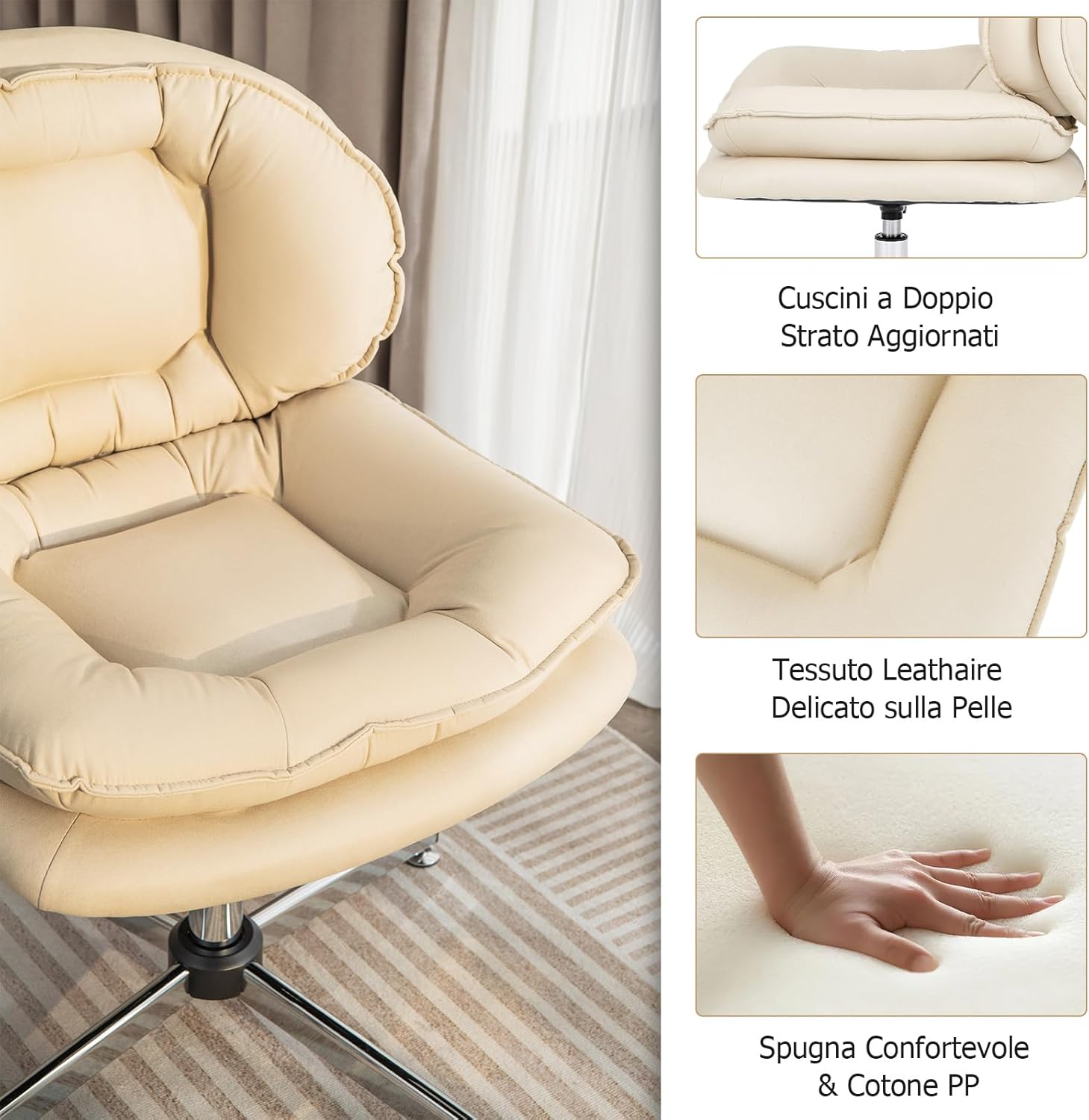 Sedia da Ufficio a Casa, Sedia Scrivania con Schiena Doppiamente Riempita & Seduta, Sedia Girevole e Regolabile, Base Metallica a Crociera, Portata 150 kg, per Salotto, Studio, Ufficio