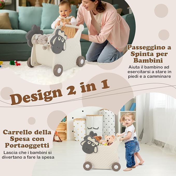 Girello Bambini, Carrello per Bambini a Forma di Pecora, Camminatore per Bambini con Capacità di 18L, Camminatore per Bambini a 4 Ruote, per Bambini di 3+ Anni