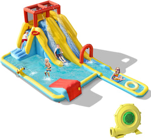 Castello Gonfiabile 8 in 1 per Bambini, con 2 Scivoli, Cannone ad Acqua, Parete di Arrampicata, con Borsa di Trasporto e Kit di Riparazione, per 3 Bambini di 3-10 Anni, 622 x 335 x 225 cm