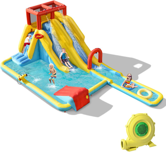 Castello Gonfiabile 8 in 1 per Bambini, con 2 Scivoli, Cannone ad Acqua, Parete di Arrampicata, con Borsa di Trasporto e Kit di Riparazione, per 3 Bambini di 3-10 Anni, 622 x 335 x 225 cm