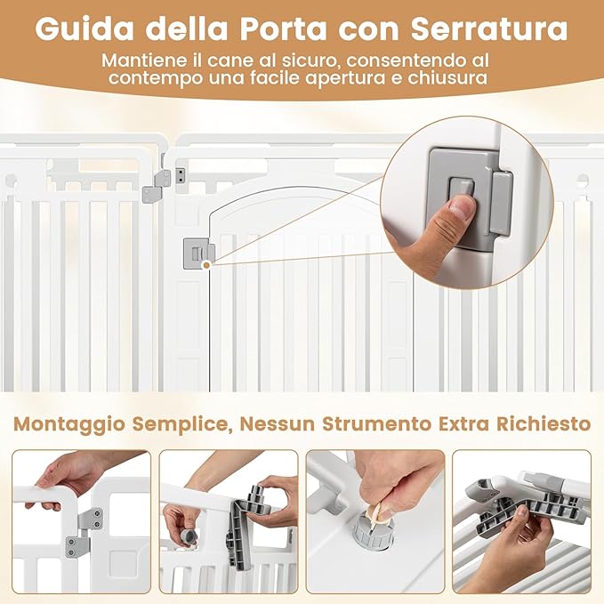Pannello in Plastica per Cani a 8 Pannelli, Recinzione Portatile per Animali Domestici, Cancello Pieghevole con Porta di Sicurezza con Serratura per Cani, Recinto Pieghevole, 192 x 65 x 80 cm