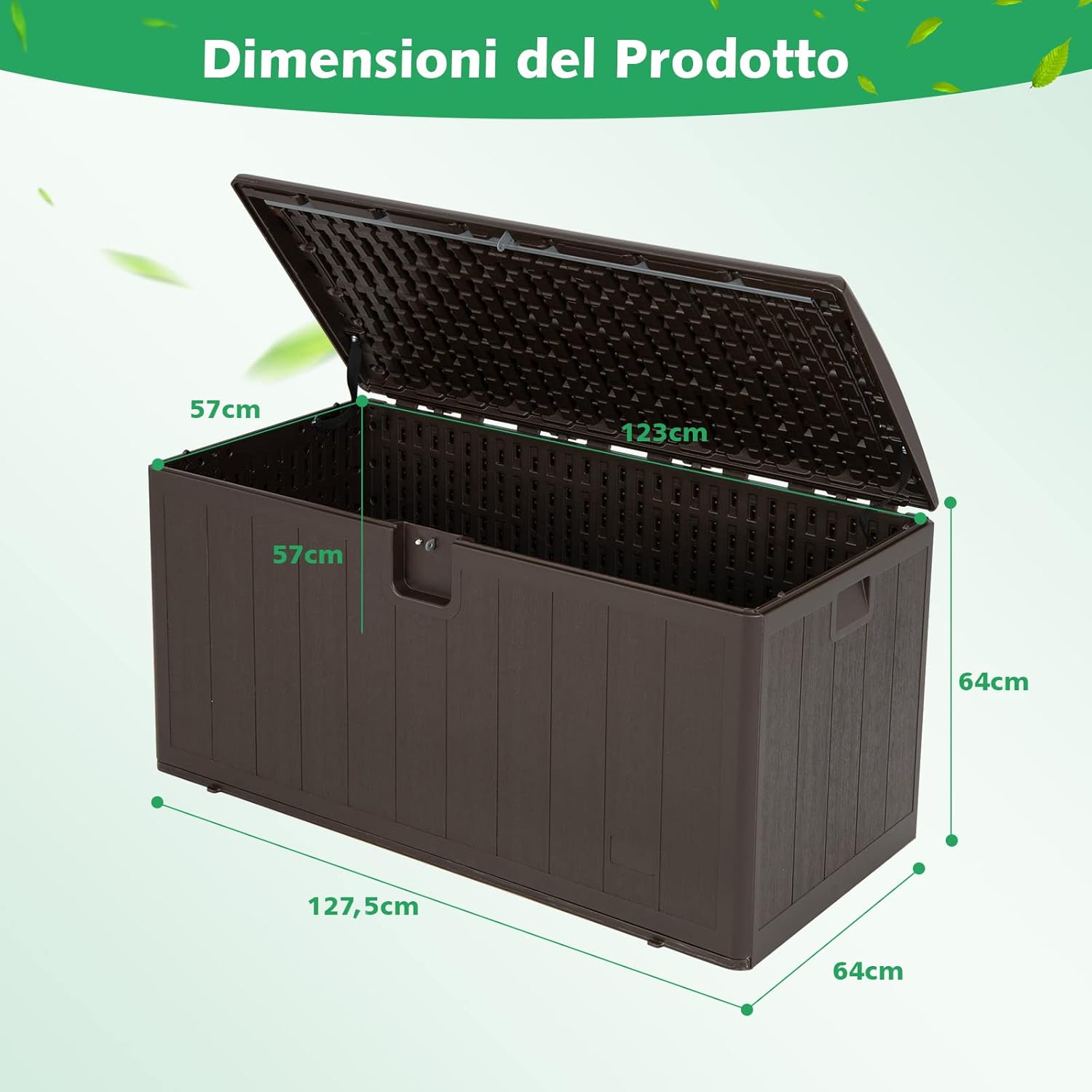 Baule da Giardino 400L, Panca Contenitore in Plastica con Coperchio e Maniglia, per Interni e Esterni, 127,5 x 64 x 64cm (Modello 2)