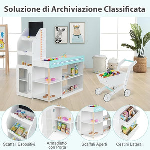 Set da Supermercato in Legno per Bambini, Gioco di Finta Spesa con Registratore di Cassa, Carrello della Spesa, Lavagna, Nastro Trasportatore, Mercato Interattivo con Contenitore e Luci LED
