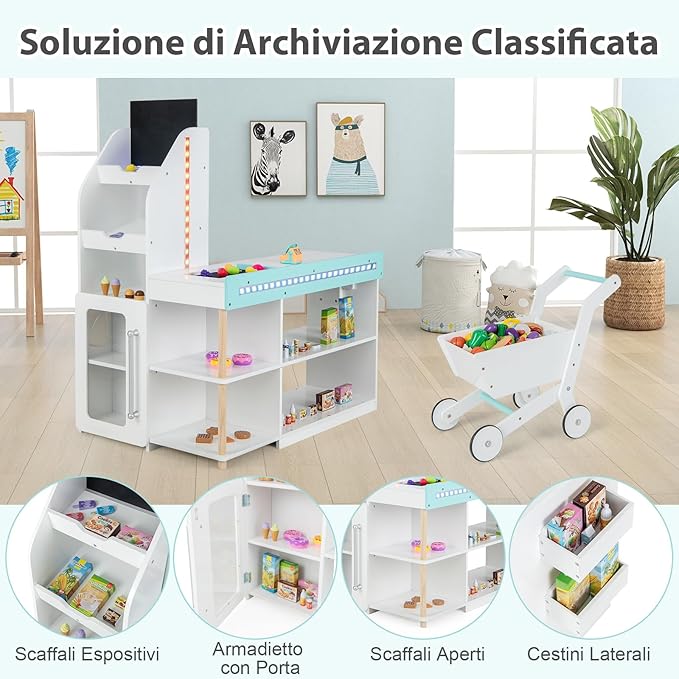 Set da Supermercato in Legno per Bambini, Gioco di Finta Spesa con Registratore di Cassa, Carrello della Spesa, Lavagna, Nastro Trasportatore, Mercato Interattivo con Contenitore e Luci LED