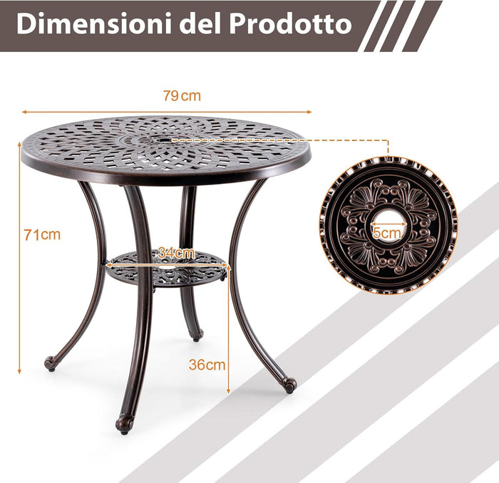Tavolino da Giardino in Alluminio Pressofuso, Tavolino Rotondo da 79 cm con Foro per Ombrellone, Ripiano Inferiore, per Giardino, Portico e Balcone, Portato Totalo 90 kg