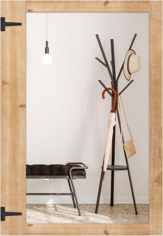 Specchio da Parete Rettangolare 97 x 67 cm, Specchio Decorativo con Cornice in Legno, Ganci in Metallo, Stile Rustico, Montaggio Verticale e Orizzontale