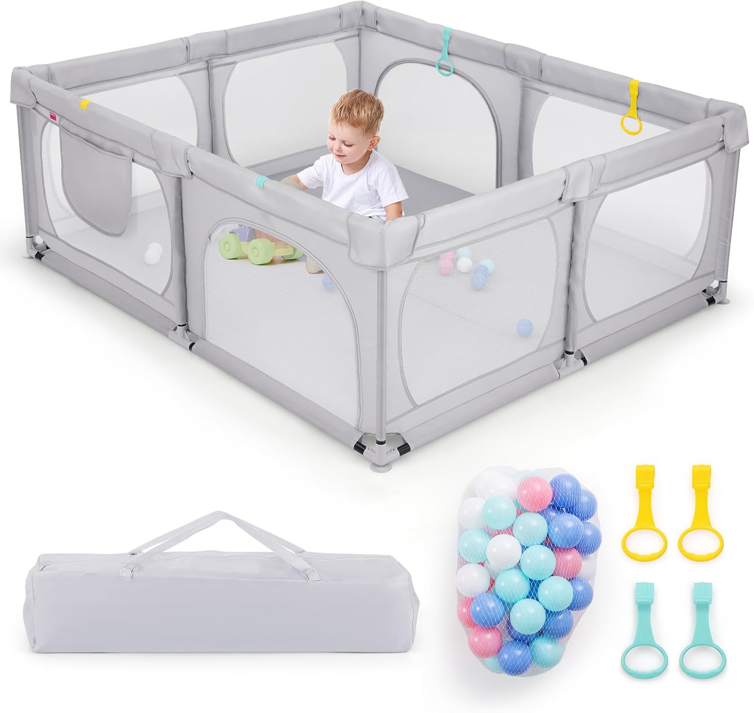Recinto per Bambini, Box per Bambini con Rete Traspirante, Centro Attività per Bambini con 50 Palline, Box Giochi per Bambini 0-3 Anni (Grigio, 189 x 158 cm)