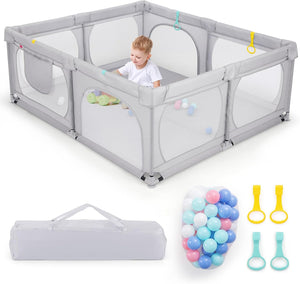 Recinto per Bambini, Box per Bambini con Rete Traspirante, Centro Attività per Bambini con 50 Palline, Box Giochi per Bambini 0-3 Anni (Grigio, 189 x 158 cm)