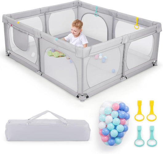 Recinto per Bambini, Box per Bambini con Rete Traspirante, Centro Attività per Bambini con 50 Palline, Box Giochi per Bambini 0-3 Anni (Grigio, 189 x 158 cm)