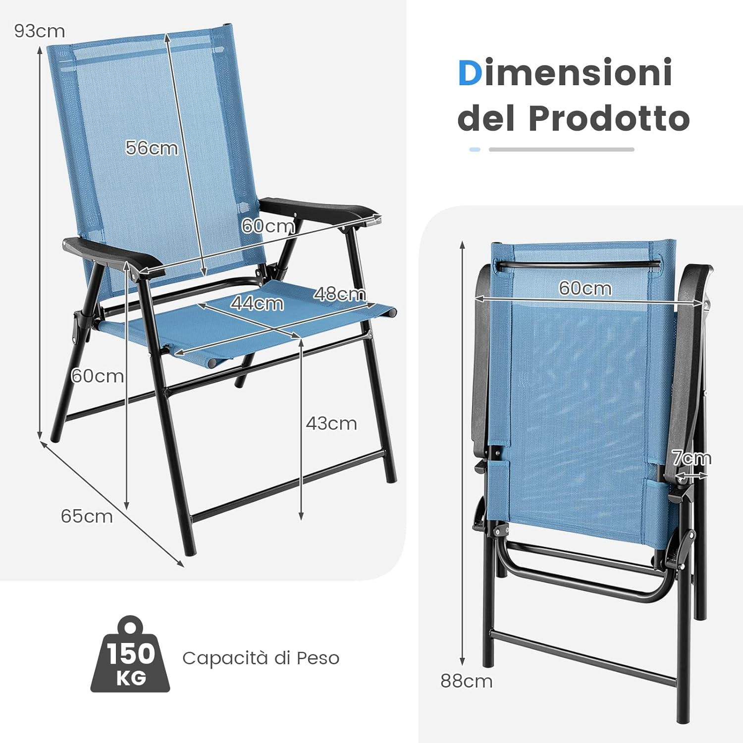 Set di 2 Sedie Pieghevoli da Giardino, Sedie Portatili con Braccioli e Struttura in Metallo, Sedie da Esterno Giardino Campeggio Terrazza Balcone Piscina, 65x60x93cm (blu)