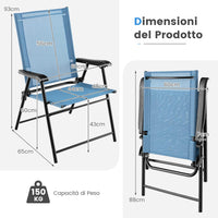 Set di 2 Sedie Pieghevoli da Giardino, Sedie Portatili con Braccioli e Struttura in Metallo, Sedie da Esterno Giardino Campeggio Terrazza Balcone Piscina, 65x60x93cm (blu)