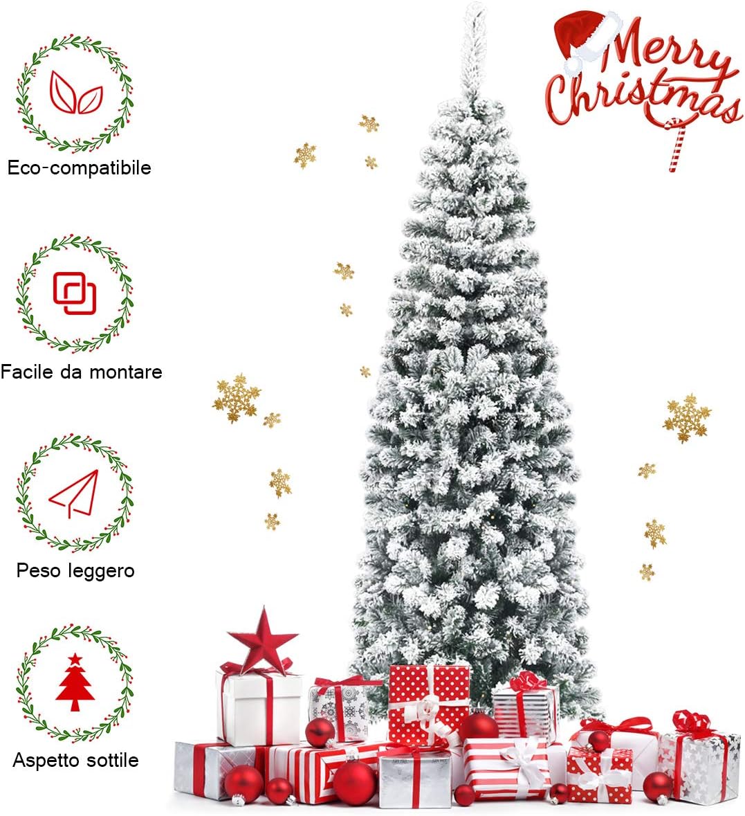 Albero di Natale Innevato 140/180/225 cm, Albero di Natale Artificiale Slim con 242/500/641 Rami Realistici e Folti e Base Pieghevole di Metallo, Apertura a Ombrello (180 cm)