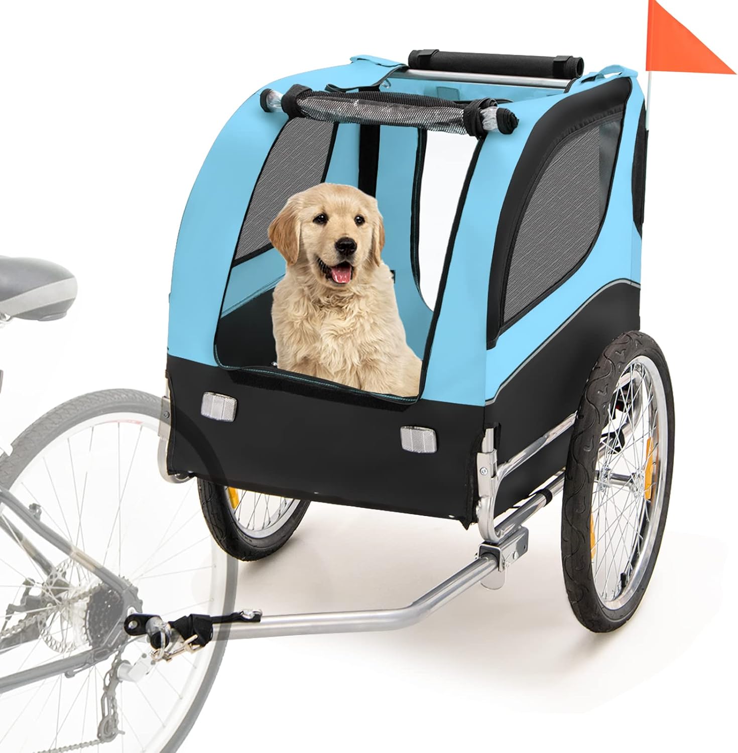 Rimorchio Bici per Animali, Carrello per Bicicletta per Cani di Piccola e Media Taglia con Ruote da 50cm e Tettuccio Apribile, Portata 40 kg, 60,5 x 135 x 95 cm (Azzurro)