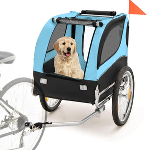 Rimorchio Bici per Animali, Carrello per Bicicletta per Cani di Piccola e Media Taglia con Ruote da 50cm e Tettuccio Apribile, Portata 40 kg, 60,5 x 135 x 95 cm (Azzurro)