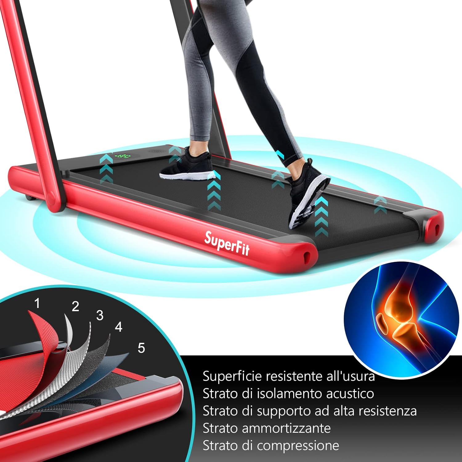 Tapis Roulant Elettrico Pieghevole Salvaspazio, Tapis Roulant Velocità Regolabile 1-12 km/h, con Altoparlante, Bluetooth, Telecomando e Schermo LED, Portata 120 kg (Rosso)