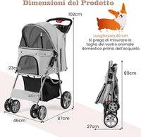 Passeggino per Cani Piccoli Pieghevole, Fino a 15 kg, Ruote 360° con Freni, Cuscino, Porta Doppio, Finestre, Cestino, Portabicchieri, Carrozzina Portatile (Grigio)