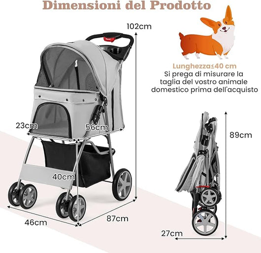 Passeggino per Cani Piccoli Pieghevole, Fino a 15 kg, Ruote 360° con Freni, Cuscino, Porta Doppio, Finestre, Cestino, Portabicchieri, Carrozzina Portatile (Grigio)