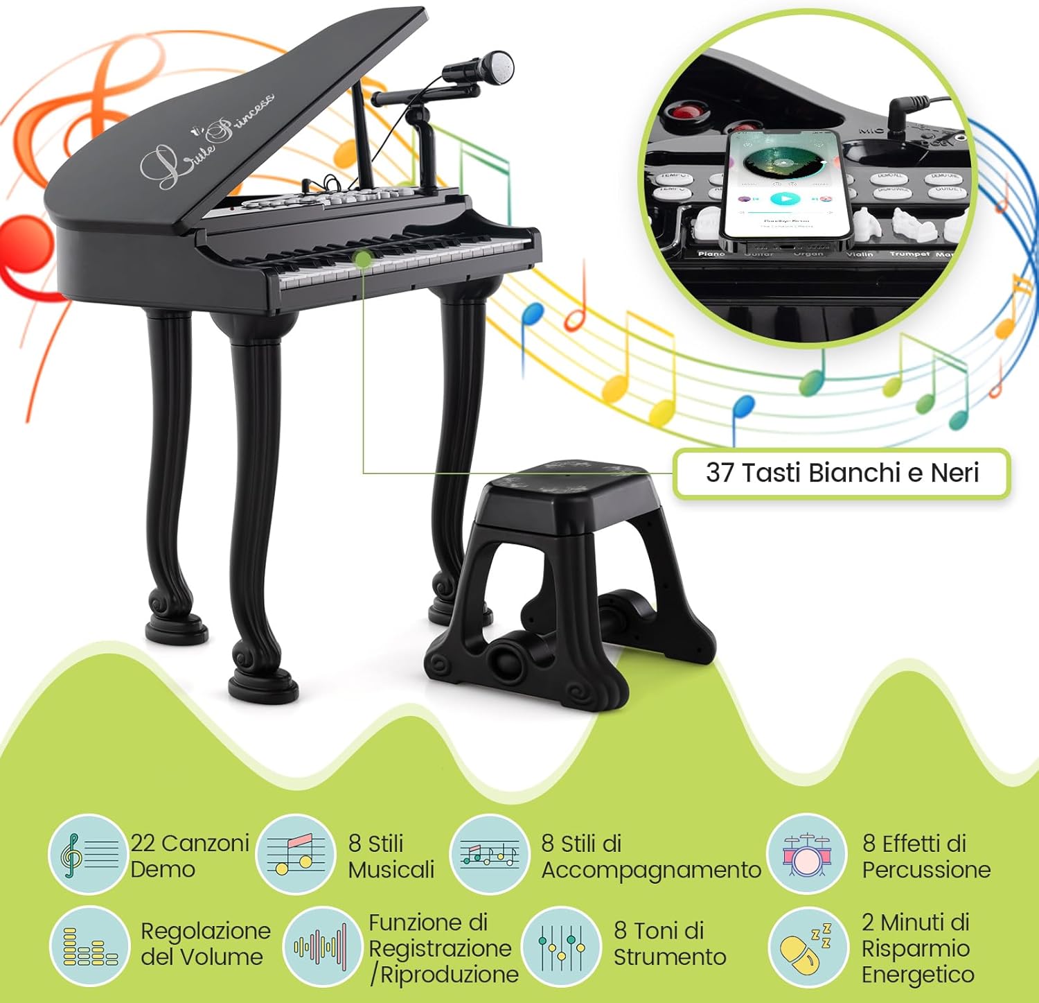 Pianoforte per Bambini a 37 Tasti, Set Pianoforte con Microfono Regolabile, Pianoforte con Funzione di Registrazione e Riproduzione, Giocattolo Tastiera Musicale per Bambini 3+ Anni (Nero)