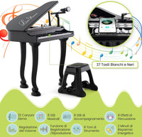 Pianoforte per Bambini a 37 Tasti, Set Pianoforte con Microfono Regolabile, Pianoforte con Funzione di Registrazione e Riproduzione, Giocattolo Tastiera Musicale per Bambini 3+ Anni (Nero)