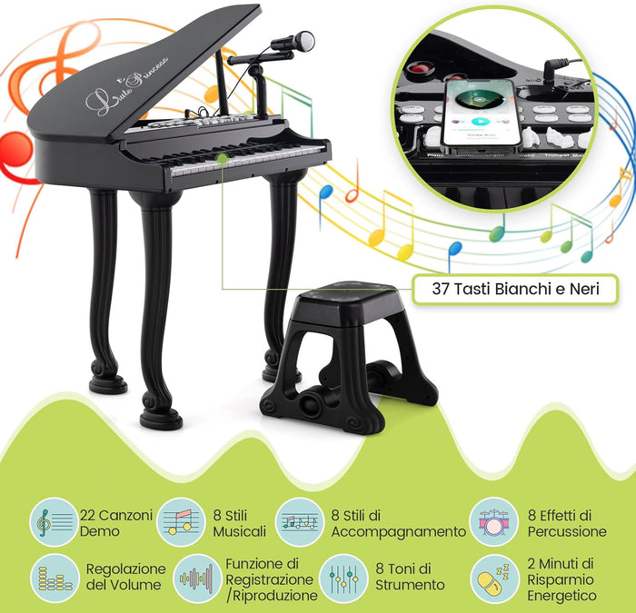 Pianoforte per Bambini a 37 Tasti, Set Pianoforte con Microfono Regolabile, Pianoforte con Funzione di Registrazione e Riproduzione, Giocattolo Tastiera Musicale per Bambini 3+ Anni (Nero)