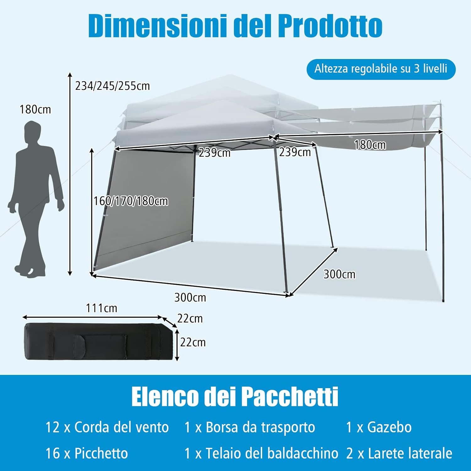 Gazebo Pieghevole 3 x 3 m, con Pareti/Tende Parasole, Gazebo Pop Up Impermeabile e Protettivo da Sole, con Altezza Regolabile e Borsa a Ruote, per Giardino Spiaggia e Campeggio