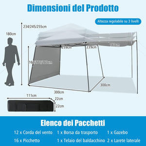 Gazebo Pieghevole 3 x 3 m, con Pareti/Tende Parasole, Gazebo Pop Up Impermeabile e Protettivo da Sole, con Altezza Regolabile e Borsa a Ruote, per Giardino Spiaggia e Campeggio