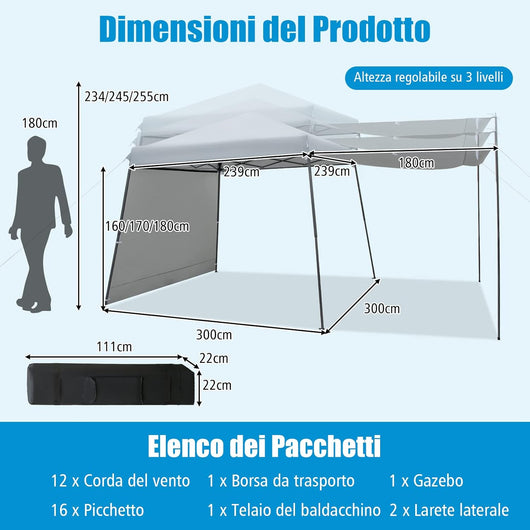 Gazebo Pieghevole 3 x 3 m, con Pareti/Tende Parasole, Gazebo Pop Up Impermeabile e Protettivo da Sole, con Altezza Regolabile e Borsa a Ruote, per Giardino Spiaggia e Campeggio