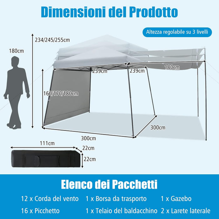 Gazebo Pieghevole 3 x 3 m, con Pareti/Tende Parasole, Gazebo Pop Up Impermeabile e Protettivo da Sole, con Altezza Regolabile e Borsa a Ruote, per Giardino Spiaggia e Campeggio