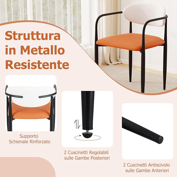 Set di 2 Sedie da Pranzo 54 x 54 x 77 cm, Sedie da Cucina con Sedile Imbottito in Finta Pelle, Schienale e Telaio in Metallo, Poltrone per Soggiorno e Ufficio