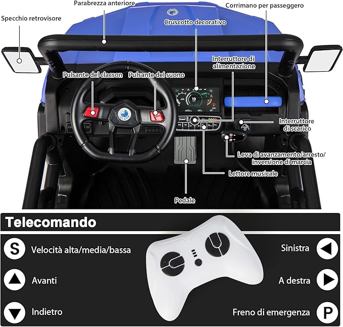 12V Auto Elettrico per Bambini, Trattore Elettrico con Scatola di Scarico, Macchina Elettrica con Pala Telecomando e Musica, Regalo per Bambini 3-8 Anni, 3-8 km/h (Blu)