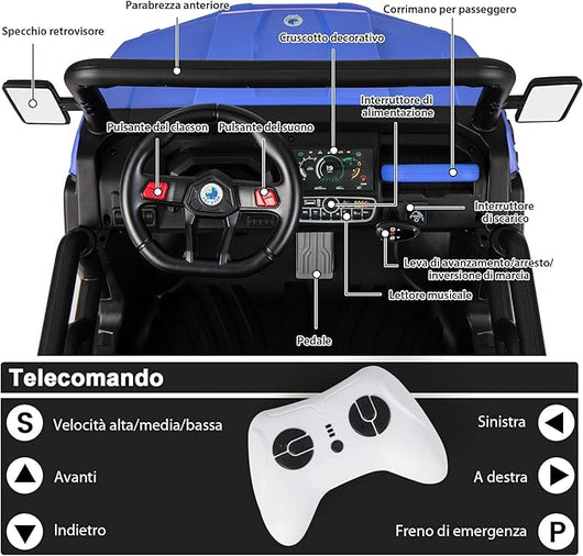 12V Auto Elettrico per Bambini, Trattore Elettrico con Scatola di Scarico, Macchina Elettrica con Pala Telecomando e Musica, Regalo per Bambini 3-8 Anni, 3-8 km/h (Blu)