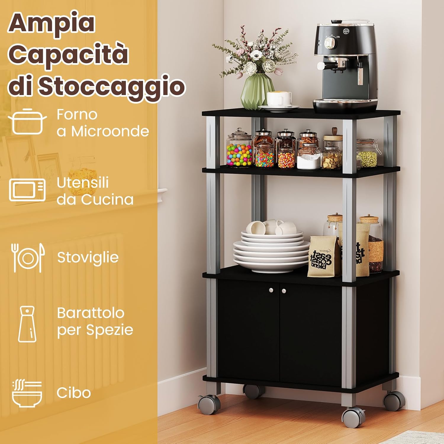 Scaffale da Cucina per Microonde Carrello, con Ruote e 2 Ante, Multifunzionale e Movimento Flessibile, 60x40x98 cm MDF, plastica (Nero)