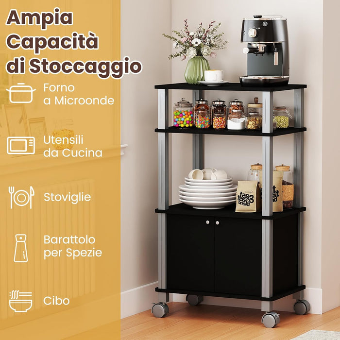 Scaffale da Cucina per Microonde Carrello, con Ruote e 2 Ante, Multifunzionale e Movimento Flessibile, 60x40x98 cm MDF, plastica (Nero)