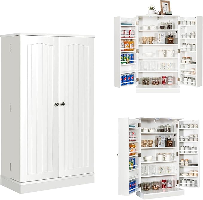 Armadietto Dispensa Alto 104 cm, Mobiletto da Cucina con Ante e Ripiani Regolabili, Credenza Autoportante per Sala da Pranzo, Soggiorno, Camere da Letto, 59 x 30 x 104 cm (Bianco)