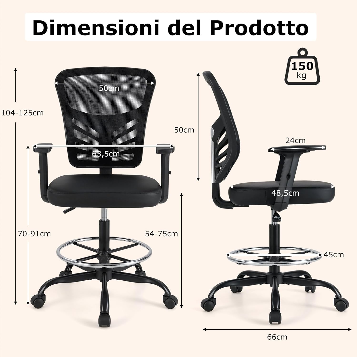 Sedia da Disegno Regolabile in Altezza, Girevole con Braccioli e Poggiapiedi Regolabili, Supporto Lombare, Sedia per Scrivania Alta per Ufficio e Studio, Portata 150 kg