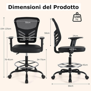 Sedia da Disegno Regolabile in Altezza, Girevole con Braccioli e Poggiapiedi Regolabili, Supporto Lombare, Sedia per Scrivania Alta per Ufficio e Studio, Portata 150 kg