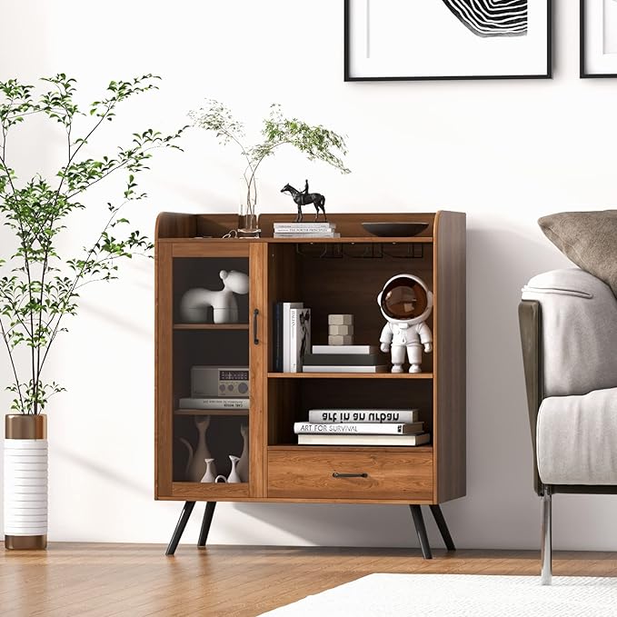 Credenza Cucina con Portabottiglie Rimovibile per 8 Vini e Porta Bicchieri, Mobile Bar in Legno con Anta e Cassetto Portaoggetti, Cantinetta Vino per Cucina, Sala da Pranzo e Soggiorno