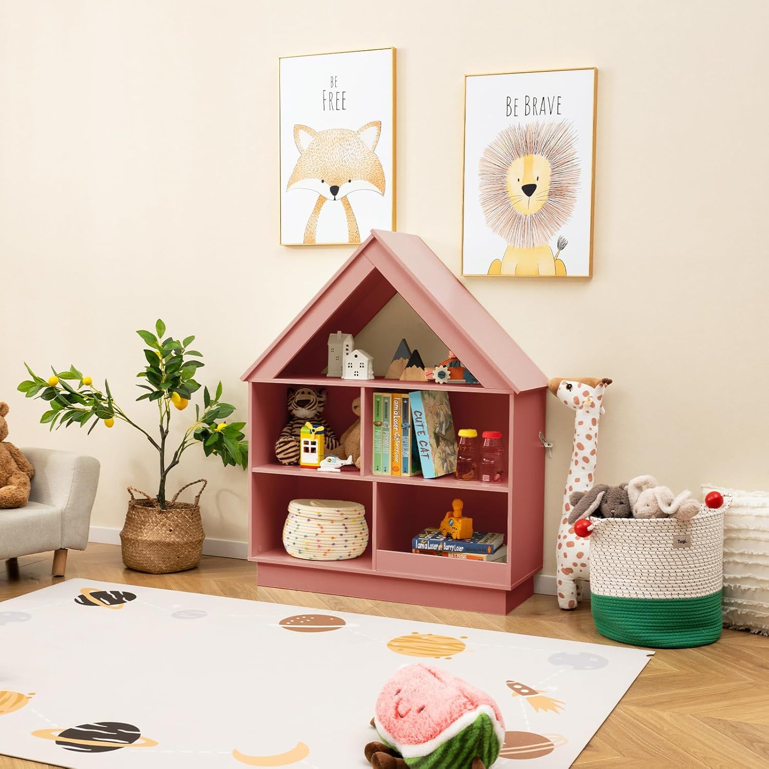 Libreria per Bambini a Forma di Casa, Scaffale in Legno con 5 Cubi per Giocattoli, Organizer di Stoccaggio Antiribaltamento, Scaffale Aperto a 3 Livelli, 88x34x108 cm (Rosa)
