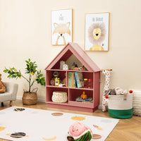 Libreria per Bambini a Forma di Casa, Scaffale in Legno con 5 Cubi per Giocattoli, Organizer di Stoccaggio Antiribaltamento, Scaffale Aperto a 3 Livelli, 88x34x108 cm (Rosa)